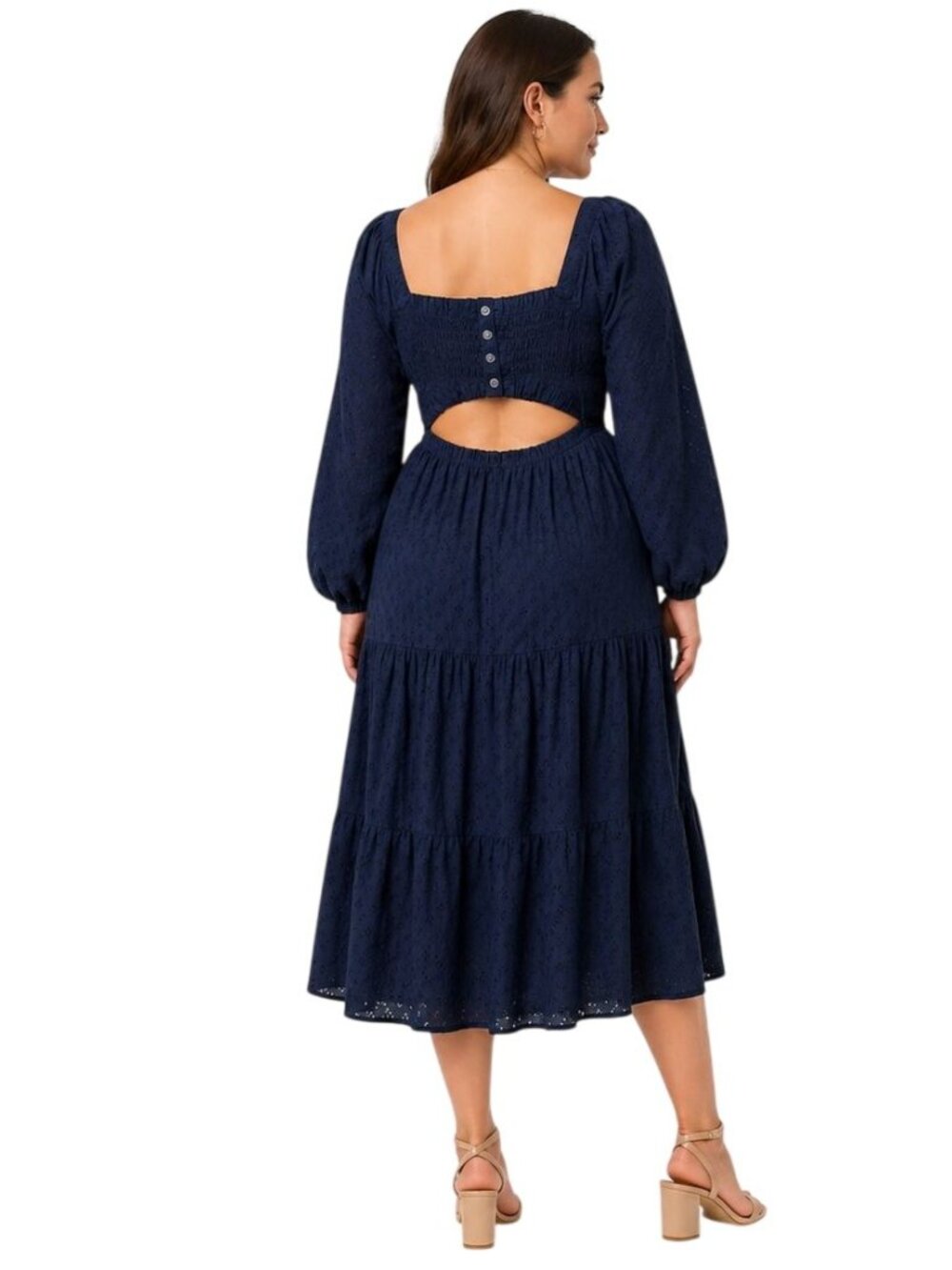 Madewell Lucie Dress Women's XL Navy Eyelet Smocked Midi Cutout Back Puff Sleeve - Picture 2 of 6